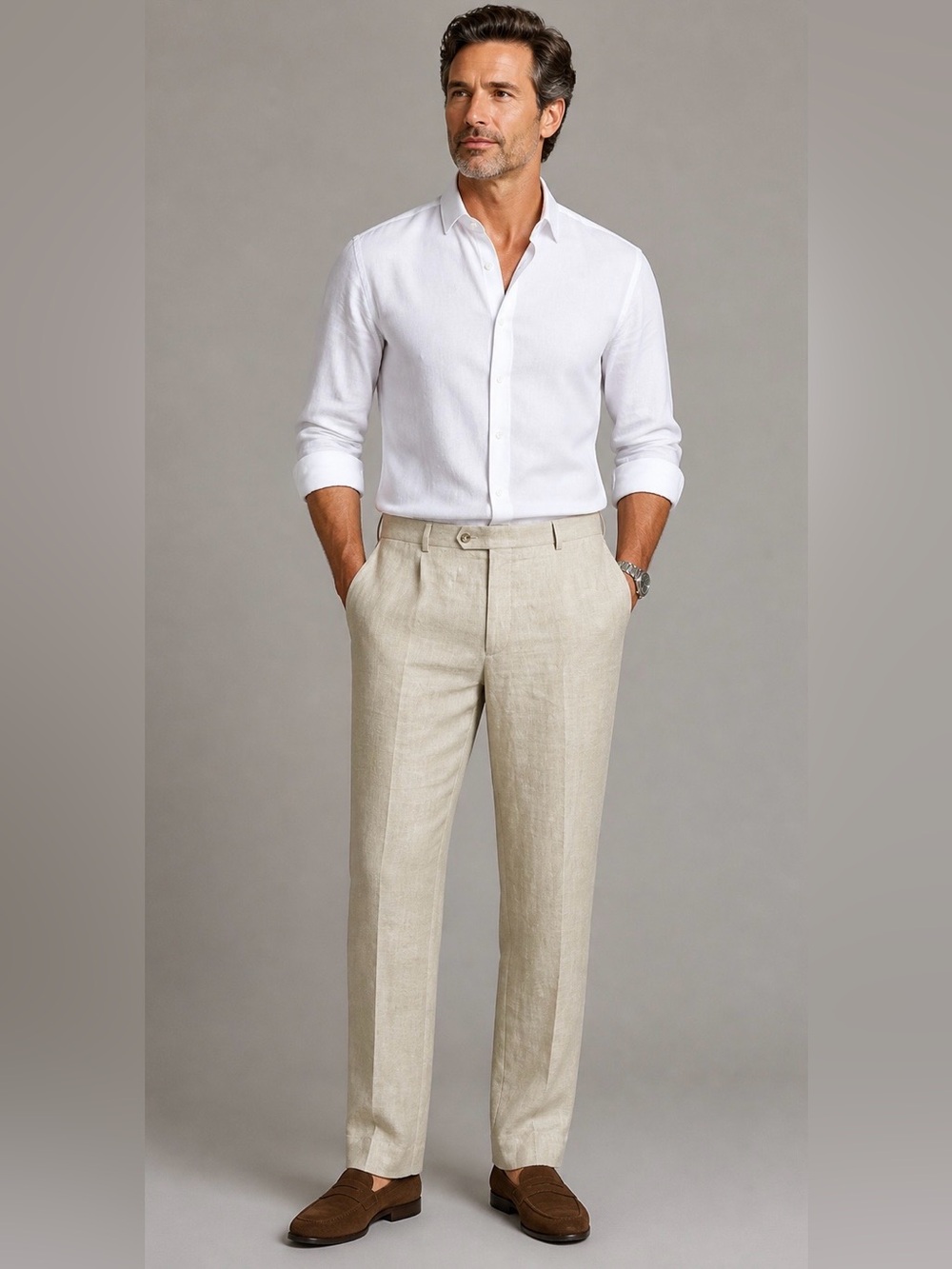 Pronto Uomo Mens 100% Linen Dress Pants Size 40 Beige Beach Wedding Formal Event